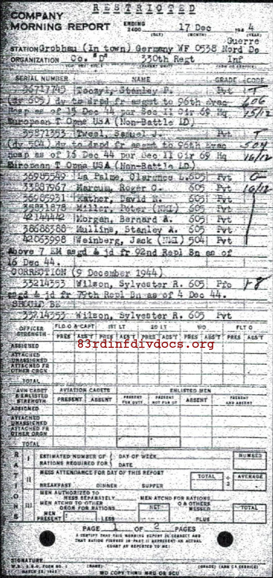 Morning report D Co, 1944-12-17, page 1 Morning report