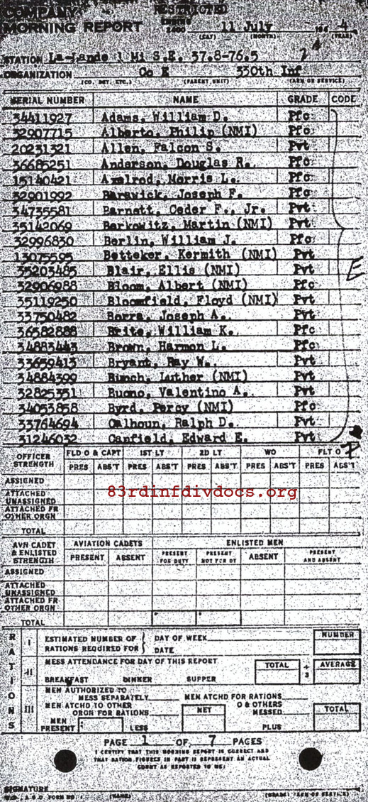 Morning report E Co, 1944-07-11, page 1 Morning report