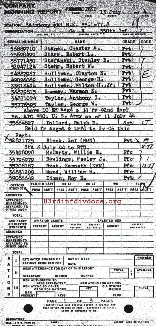 Morning report E Co, 1944-07-13, page 1 Morning report