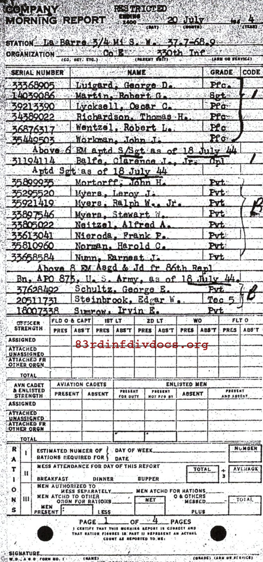 Morning report E Co, 1944-07-20, page 1 Morning report