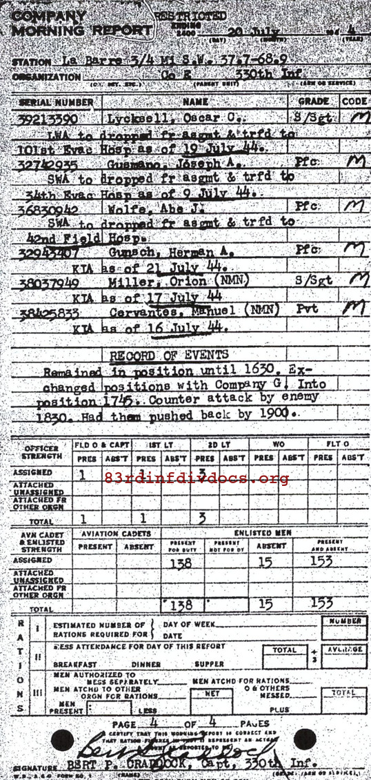 Morning report E Co, 1944-07-20, page 4 Morning report