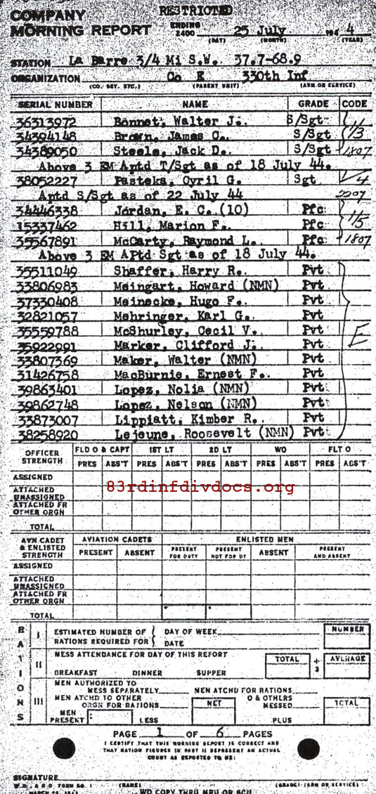 Morning report E Co, 1944-07-25, page 1 Morning report