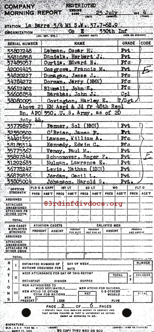 Morning report E Co, 1944-07-25, page 2 Morning report