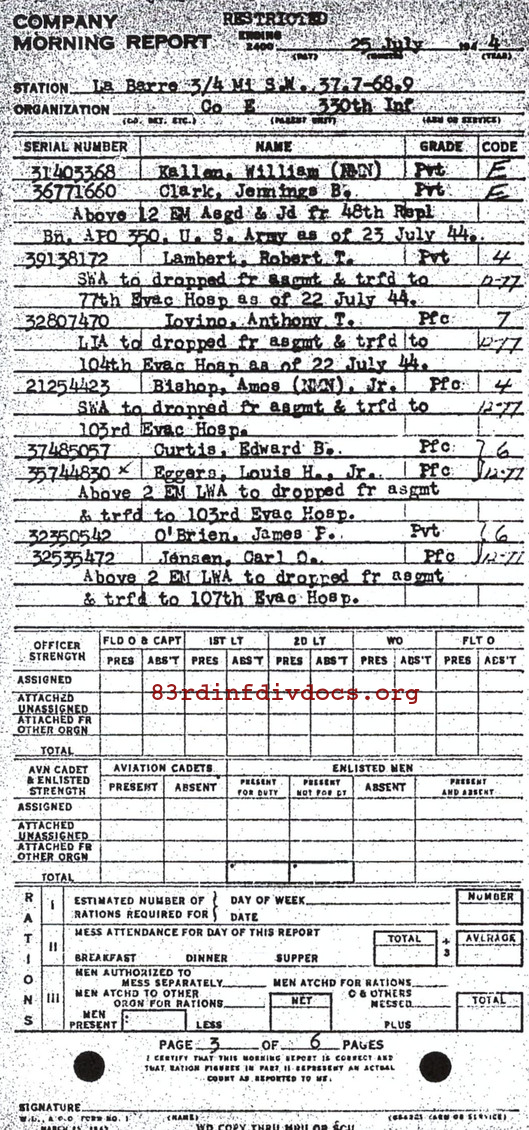 Morning report E Co, 1944-07-25, page 3 Morning report