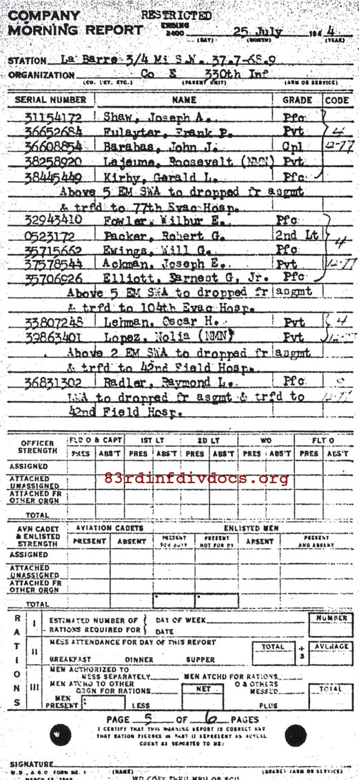 Morning report E Co, 1944-07-25, page 5 Morning report