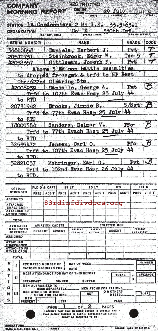Morning report E Co, 1944-07-29, page 1 Morning report