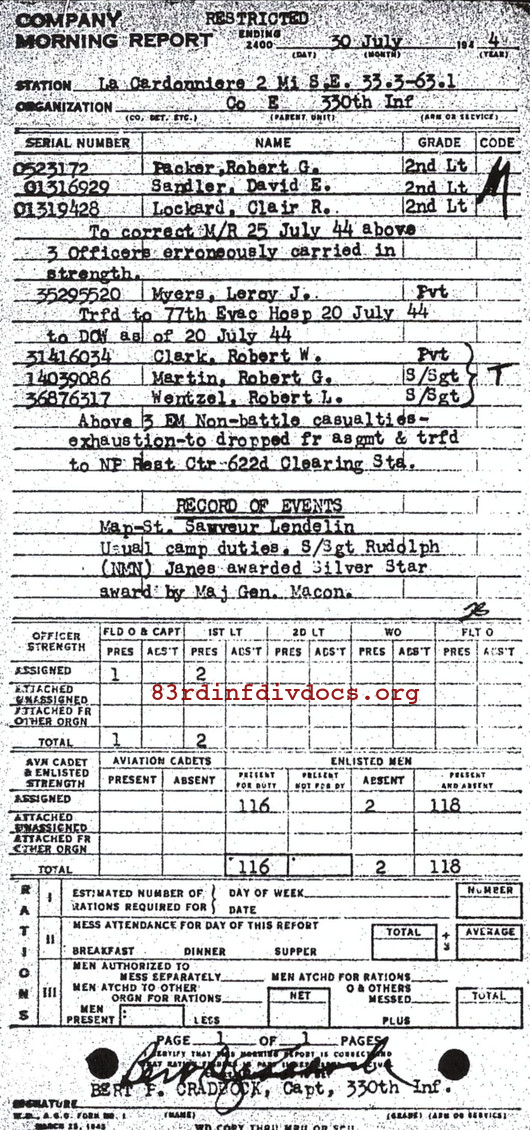 Morning report E Co, 1944-07-30, page 1 Morning report