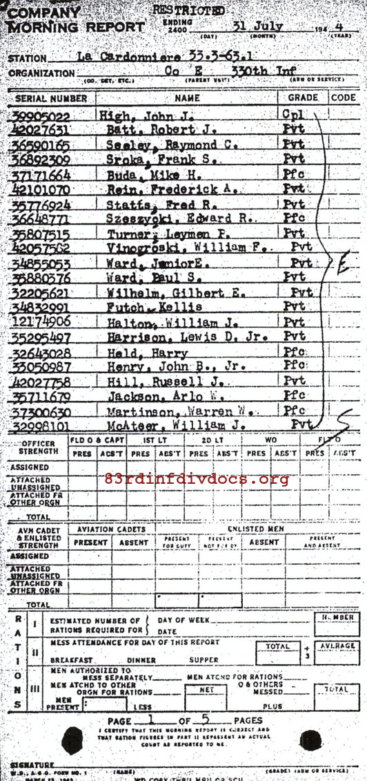 Morning report E Co, 1944-07-31, page 1 Morning report