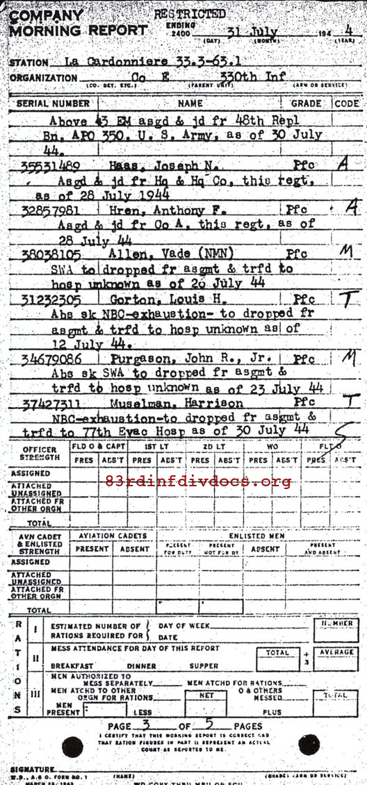 Morning report E Co, 1944-07-31, page 3 Morning report