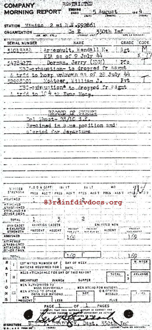 Morning report E Co, 1944-08-05, page 1 Morning report
