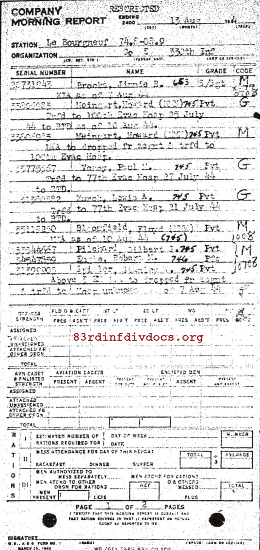 Morning report E Co, 1944-08-13, page 1 Morning report