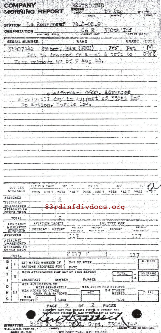 Morning report E Co, 1944-08-13, page 2 Morning report