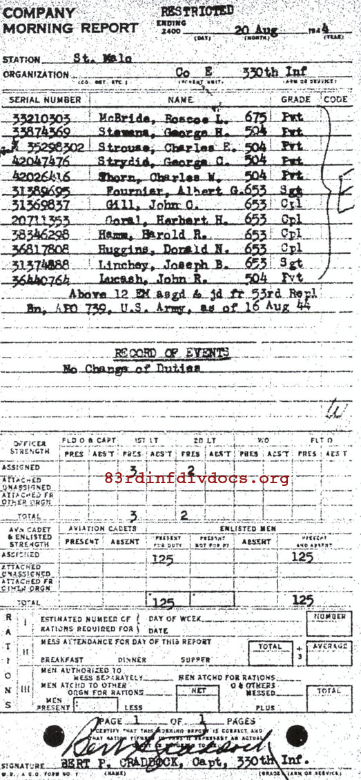 Morning report E Co, 1944-08-20, page 1 Morning report