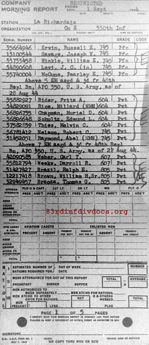 Morning report E Co, 1944-09-01, page 1 Morning report