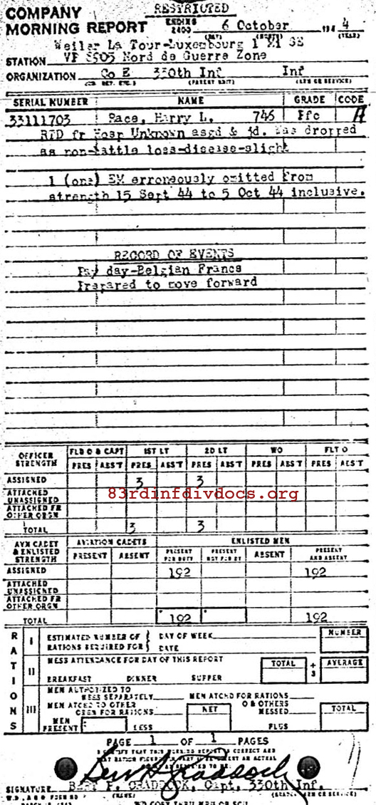 Morning report E Co, 1944-10-06, page 1 Morning report