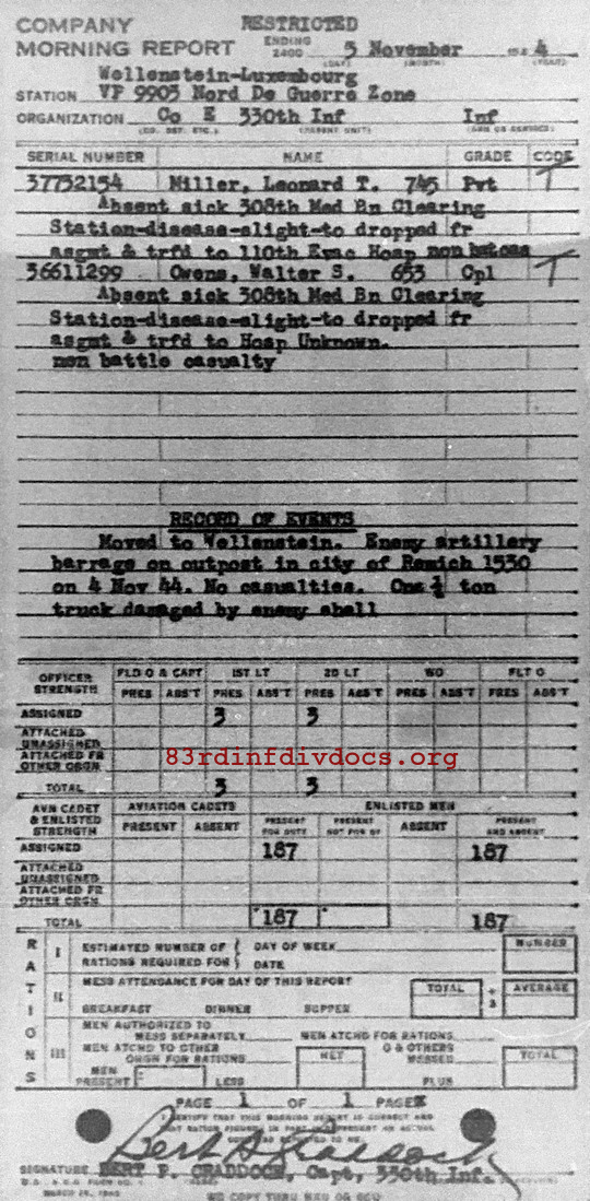 Morning report E Co, 1944-11-05, page 1 Morning report