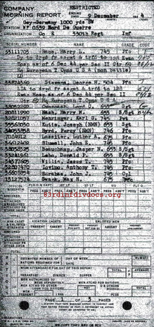 Morning report E Co, 1944-12-09, page 1 Morning report