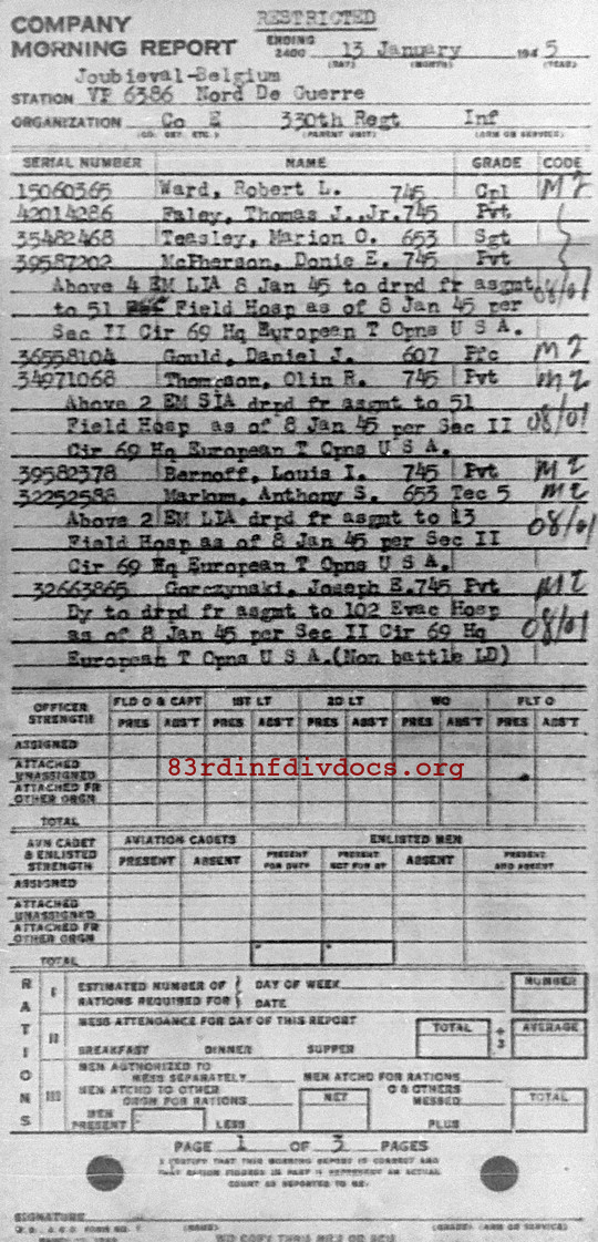 Morning report E Co, 1945-01-13, page 1 Morning report