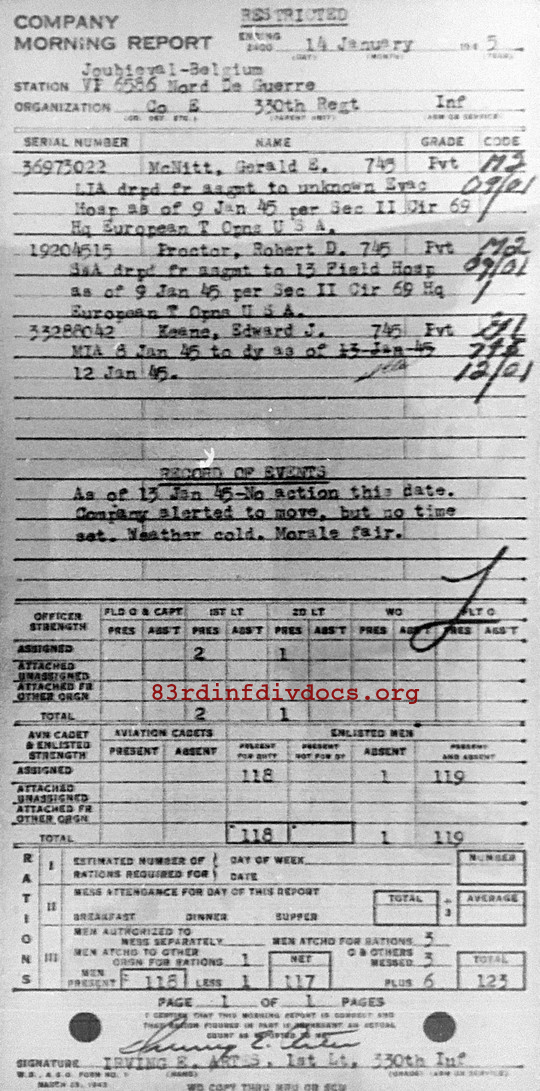 Morning report E Co, 1945-01-14, page 1 Morning report