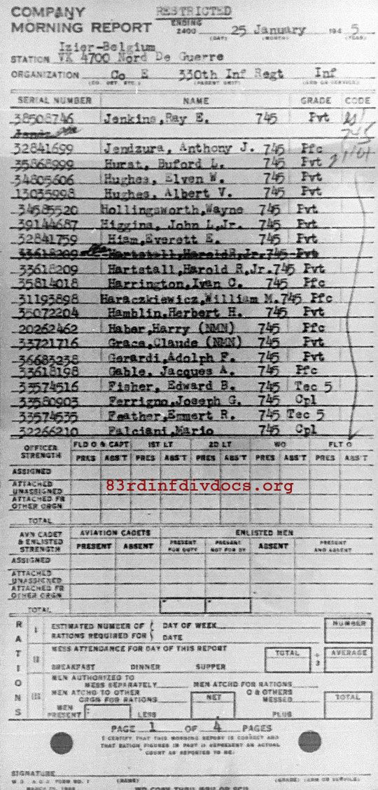 Morning report E Co, 1945-01-25, page 1 Morning report