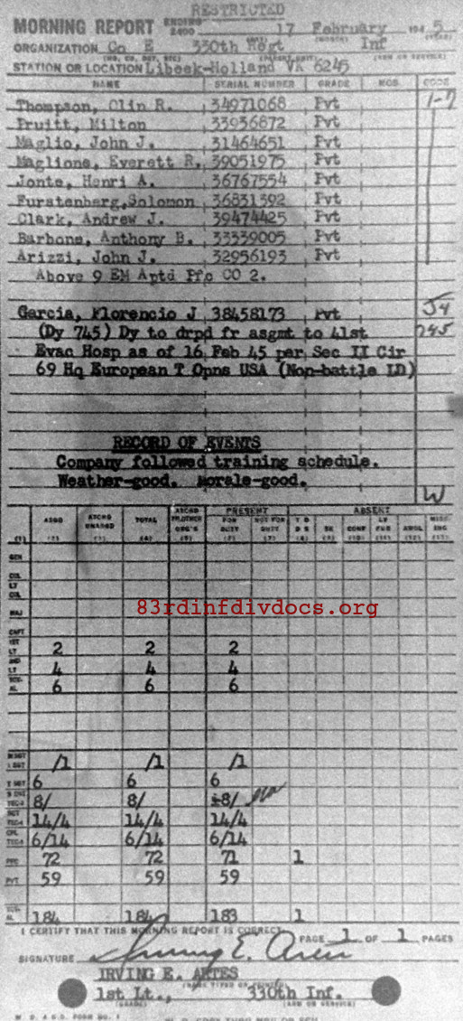 Morning report E Co, 1945-02-17, page 1 Morning report