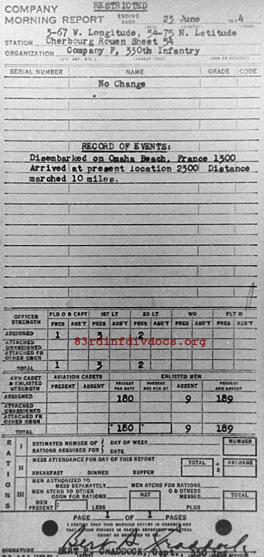 Morning report F Co, 1944-06-23, page 1 Morning report