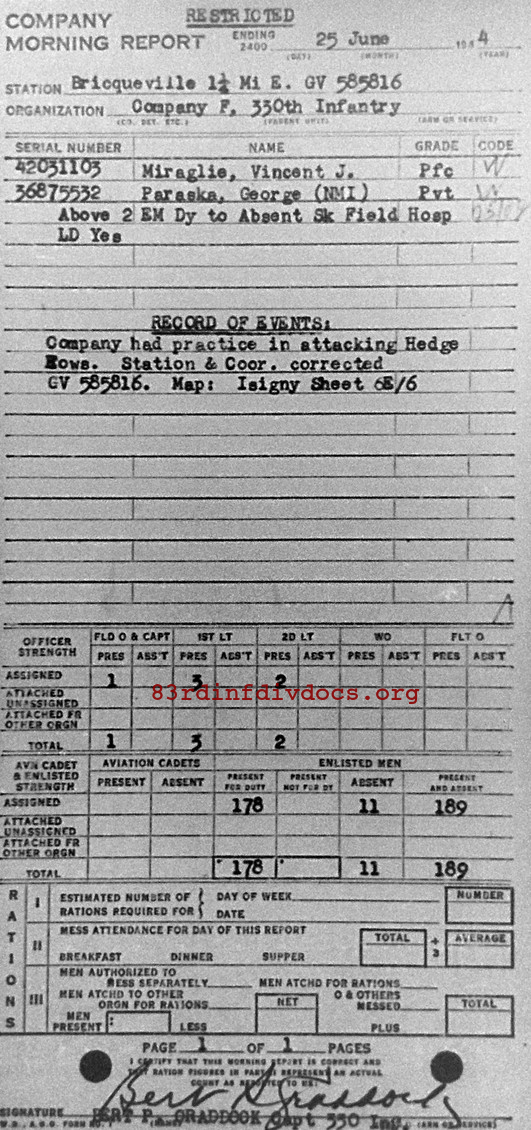 Morning report F Co, 1944-06-25, page 1 Morning report