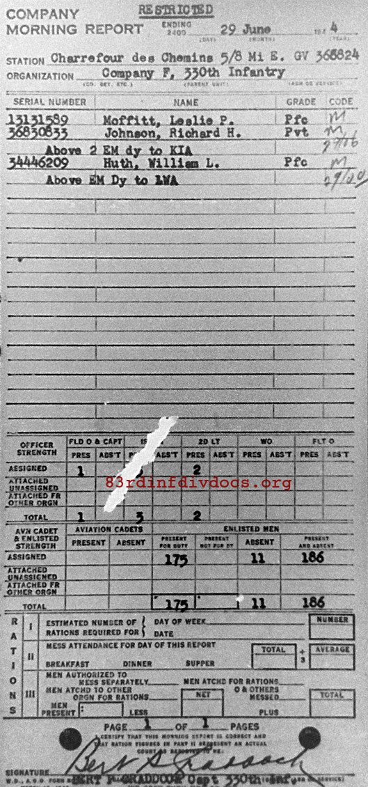 Morning report F Co, 1944-06-29, page 1 Morning report