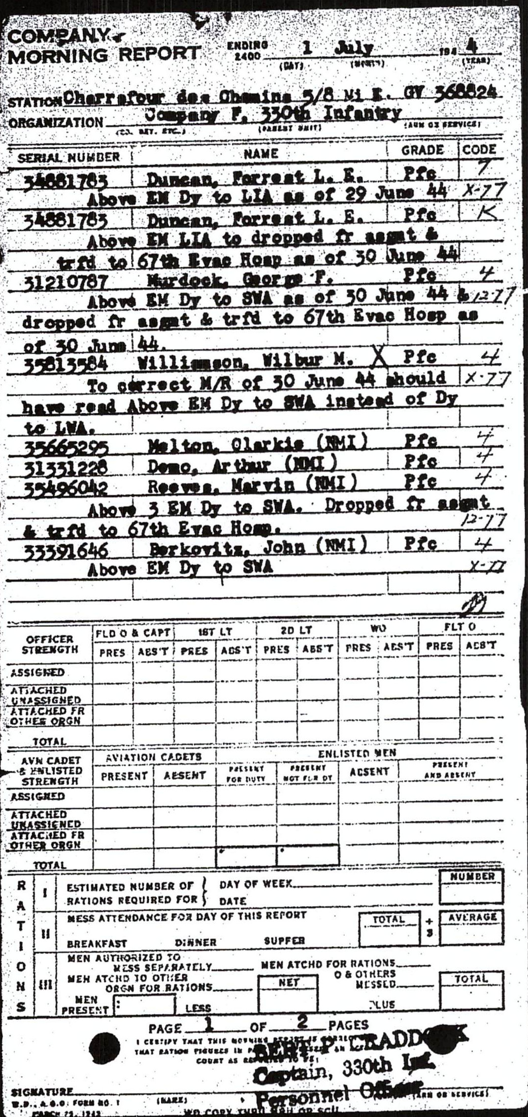 Morning report F Co, 1944-07-01, page 1 Morning report