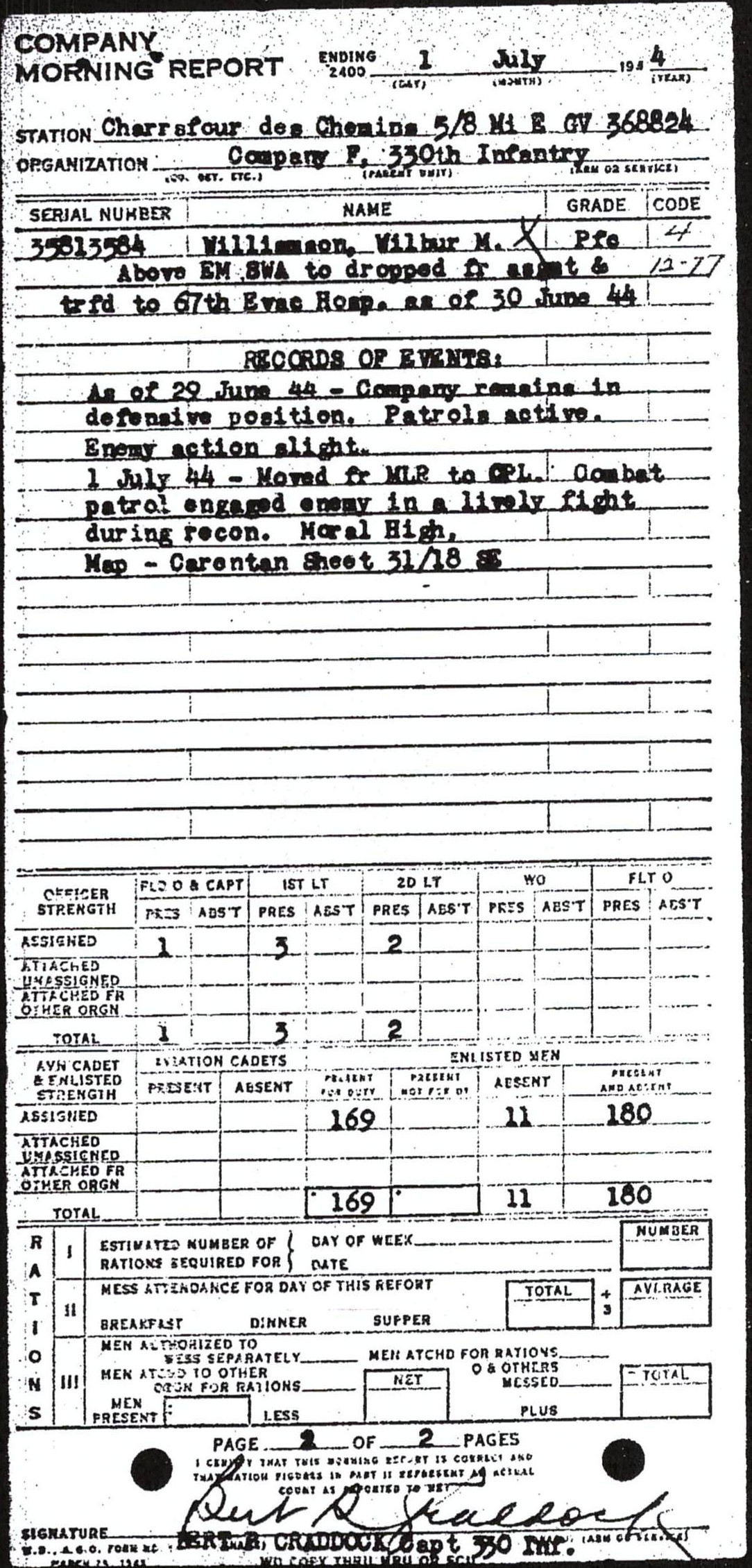 Morning report F Co, 1944-07-01, page 2 Morning report
