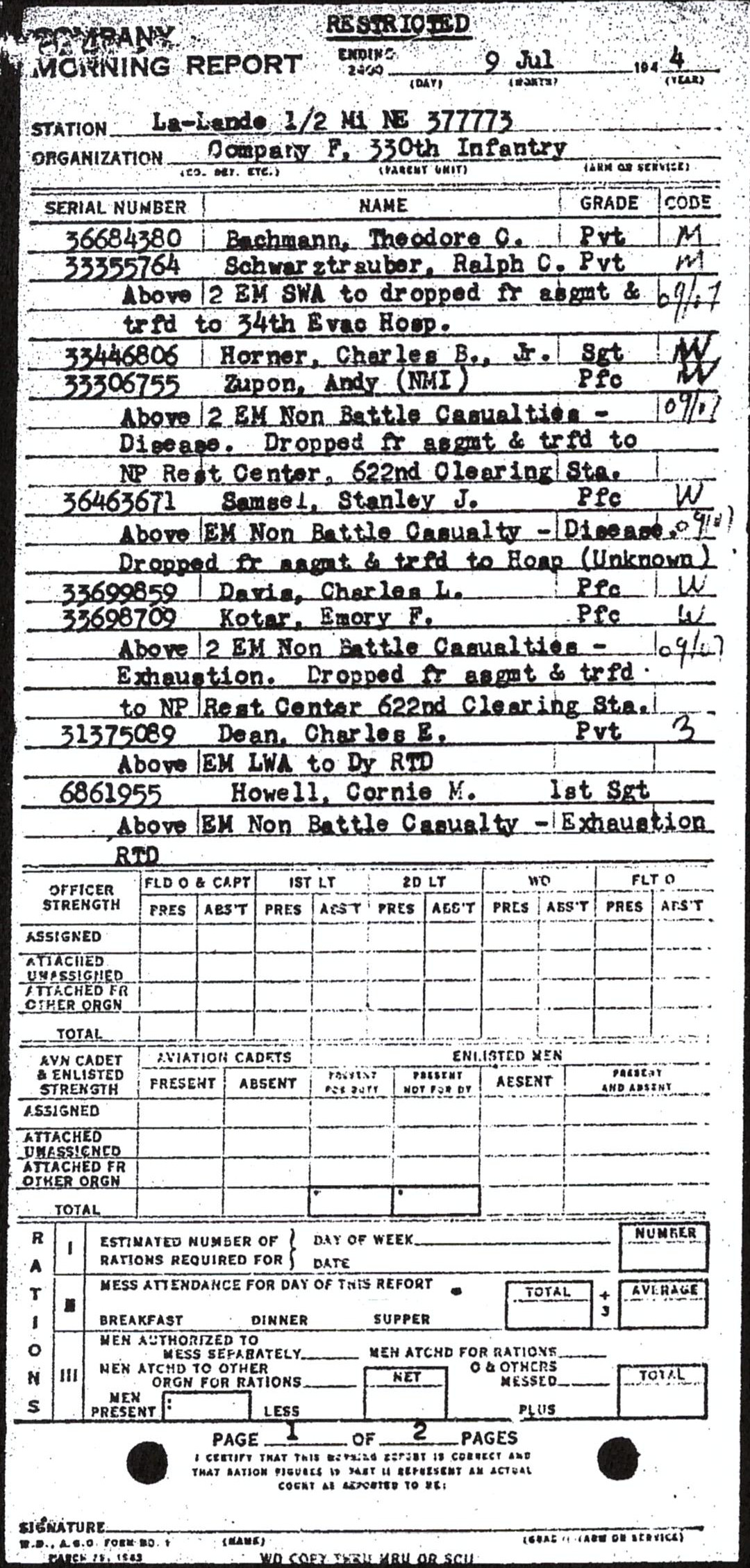Morning report F Co, 1944-07-09, page 1 Morning report