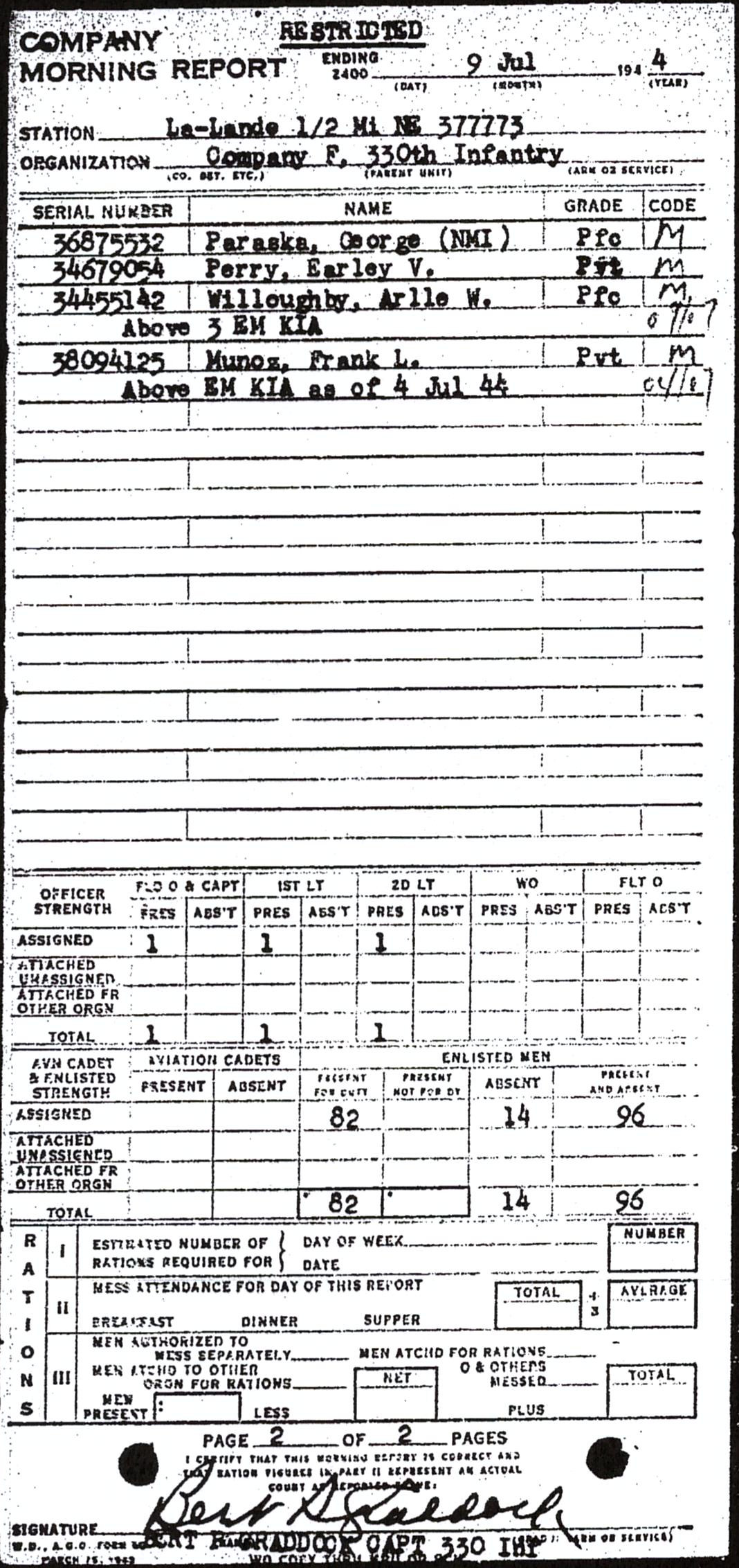 Morning report F Co, 1944-07-09, page 2 Morning report