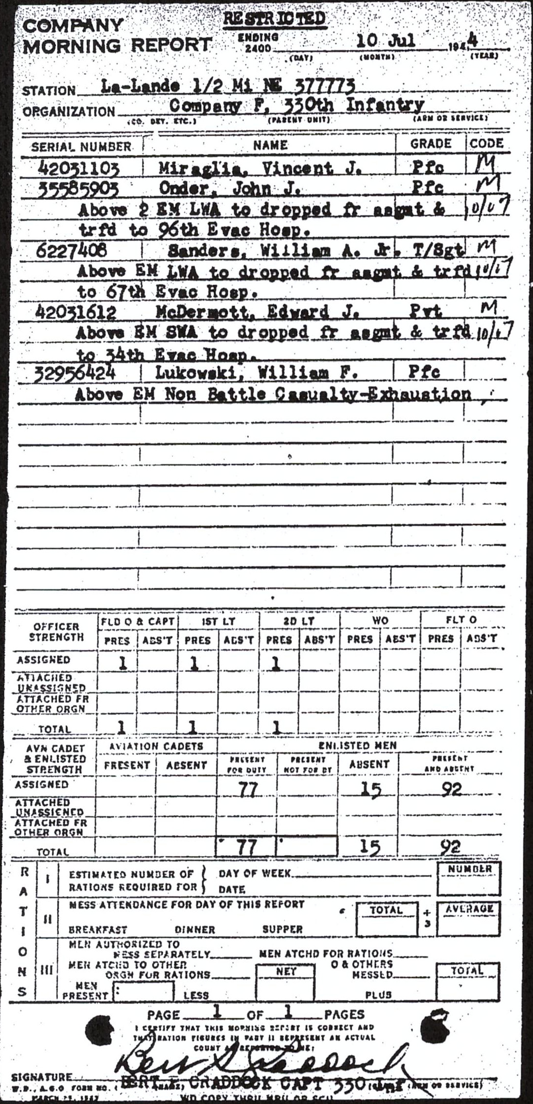Morning report F Co, 1944-07-10, page 1 Morning report