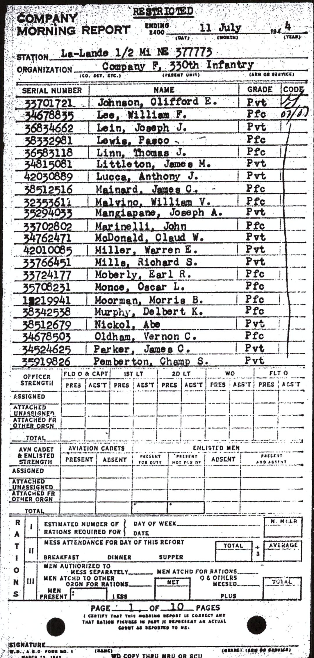 Morning report F Co, 1944-07-11, page 1 Morning report
