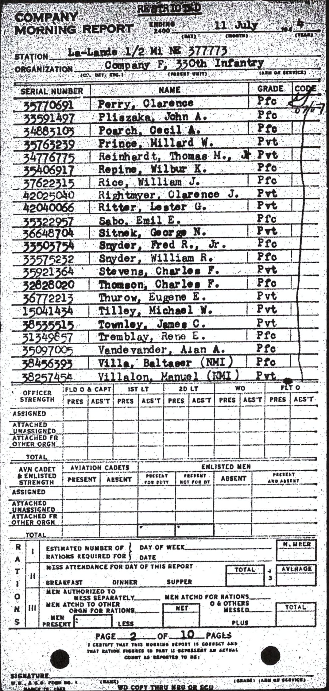 Morning report F Co, 1944-07-11, page 2 Morning report