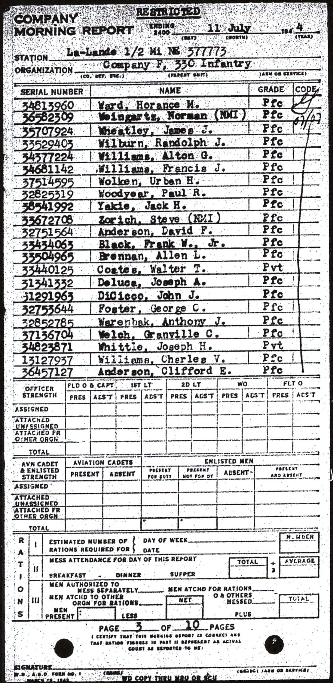 Morning report F Co, 1944-07-11, page 3 Morning report