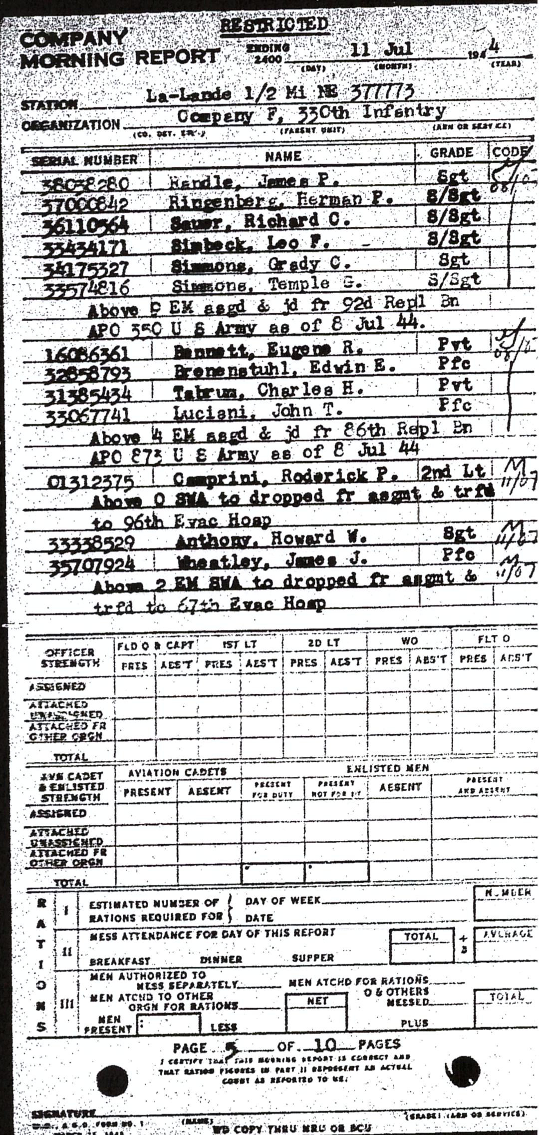 Morning report F Co, 1944-07-11, page 5 Morning report