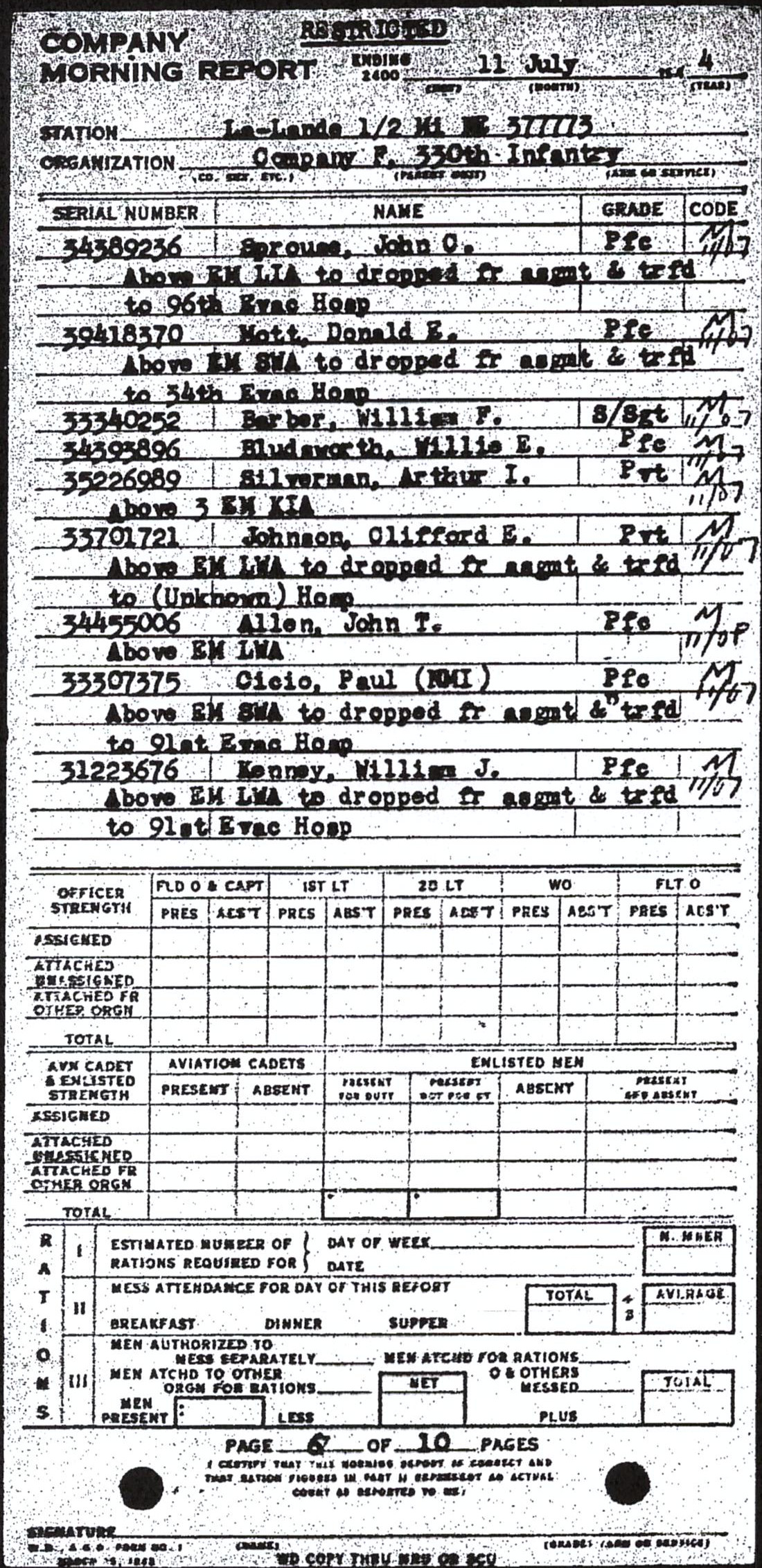 Morning report F Co, 1944-07-11, page 6 Morning report