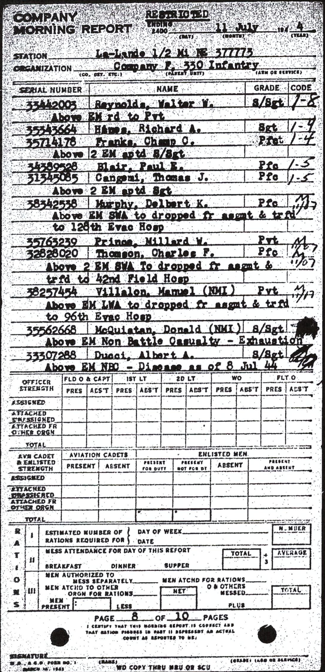 Morning report F Co, 1944-07-11, page 8 Morning report