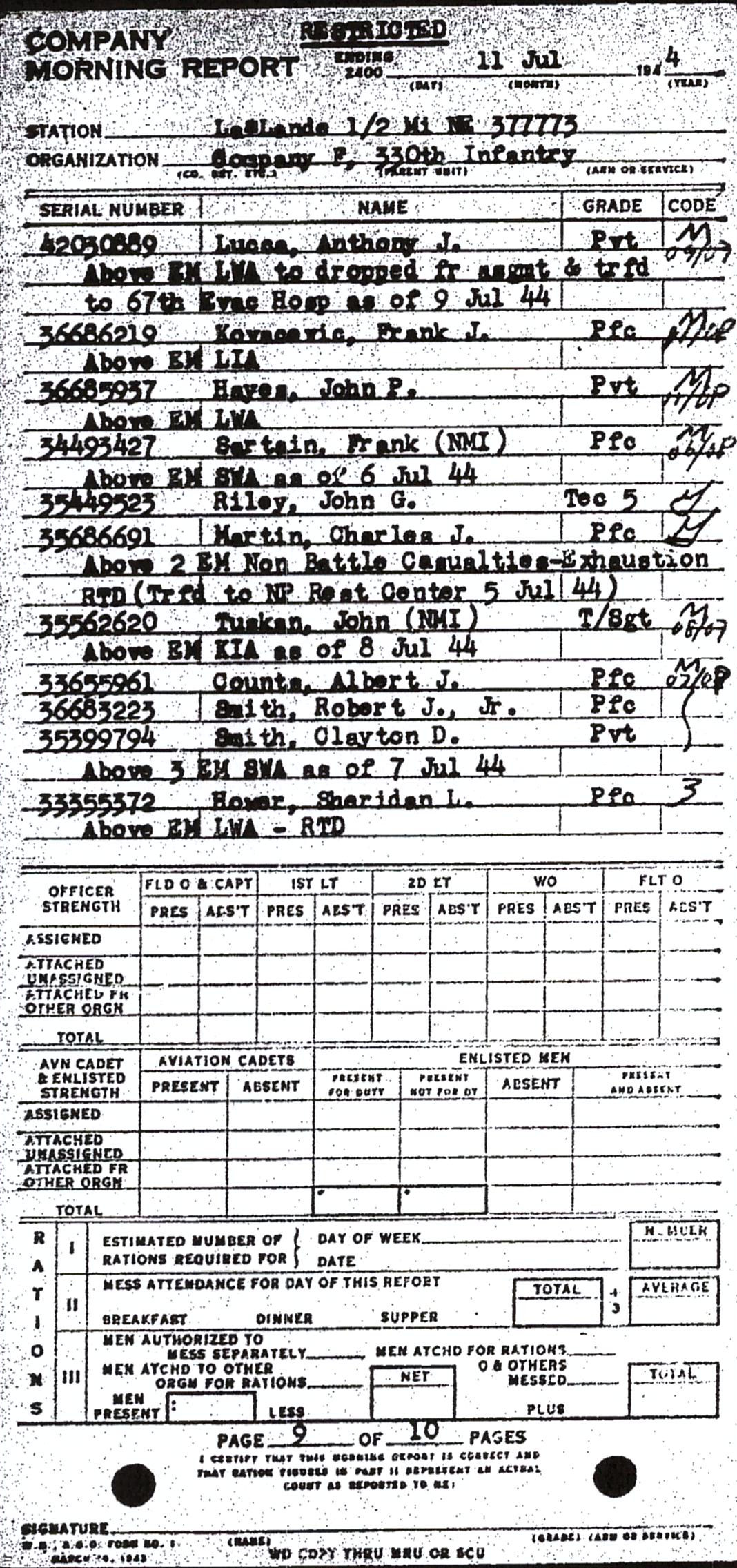 Morning report F Co, 1944-07-11, page 9 Morning report