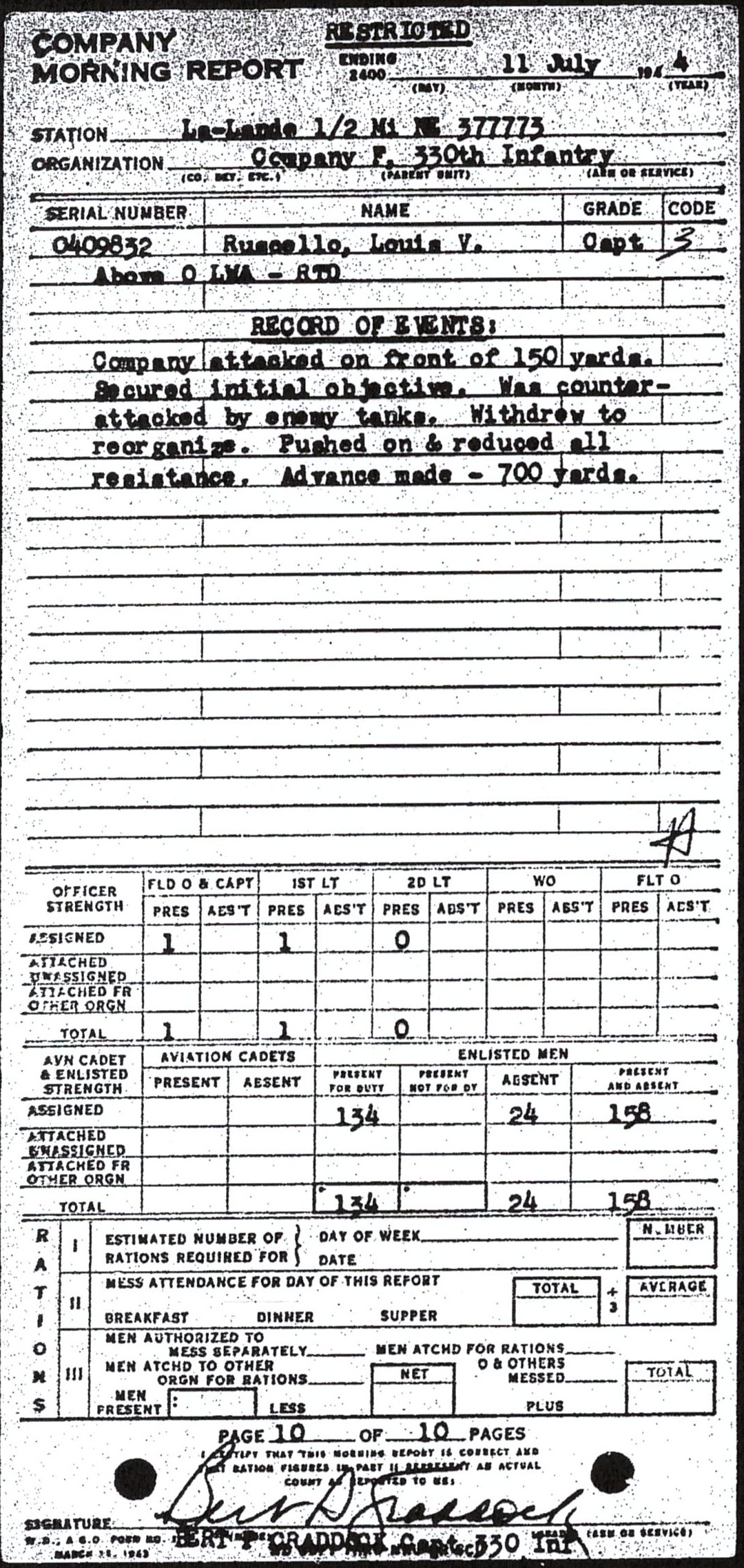 Morning report F Co, 1944-07-11, page 10 Morning report