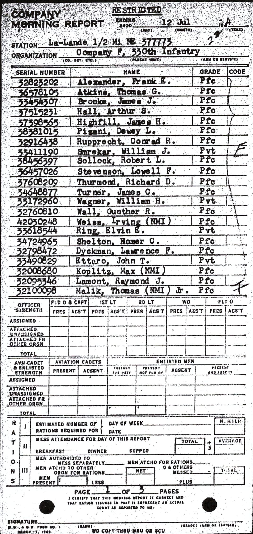 Morning report F Co, 1944-07-12, page 1 Morning report