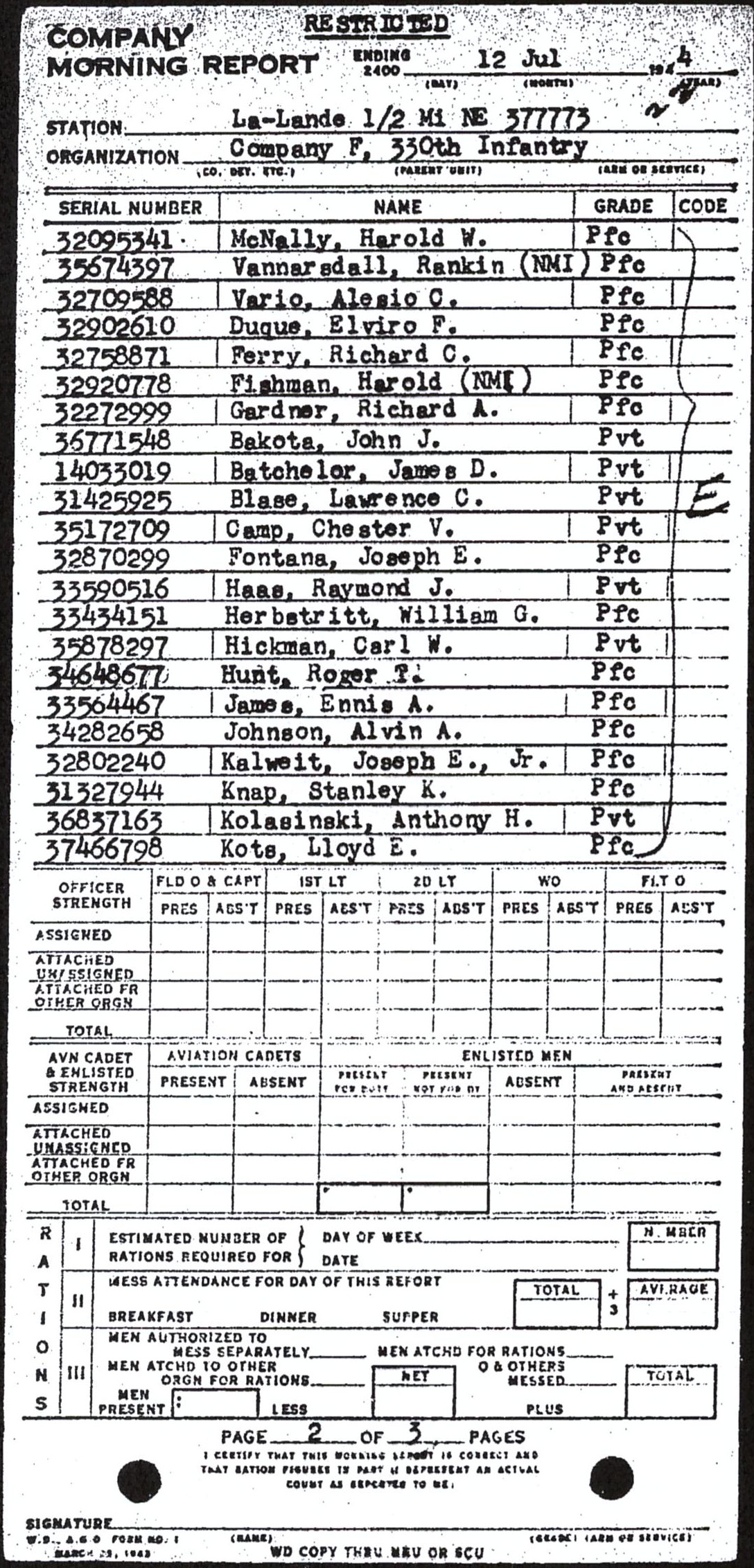 Morning report F Co, 1944-07-12, page 2 Morning report