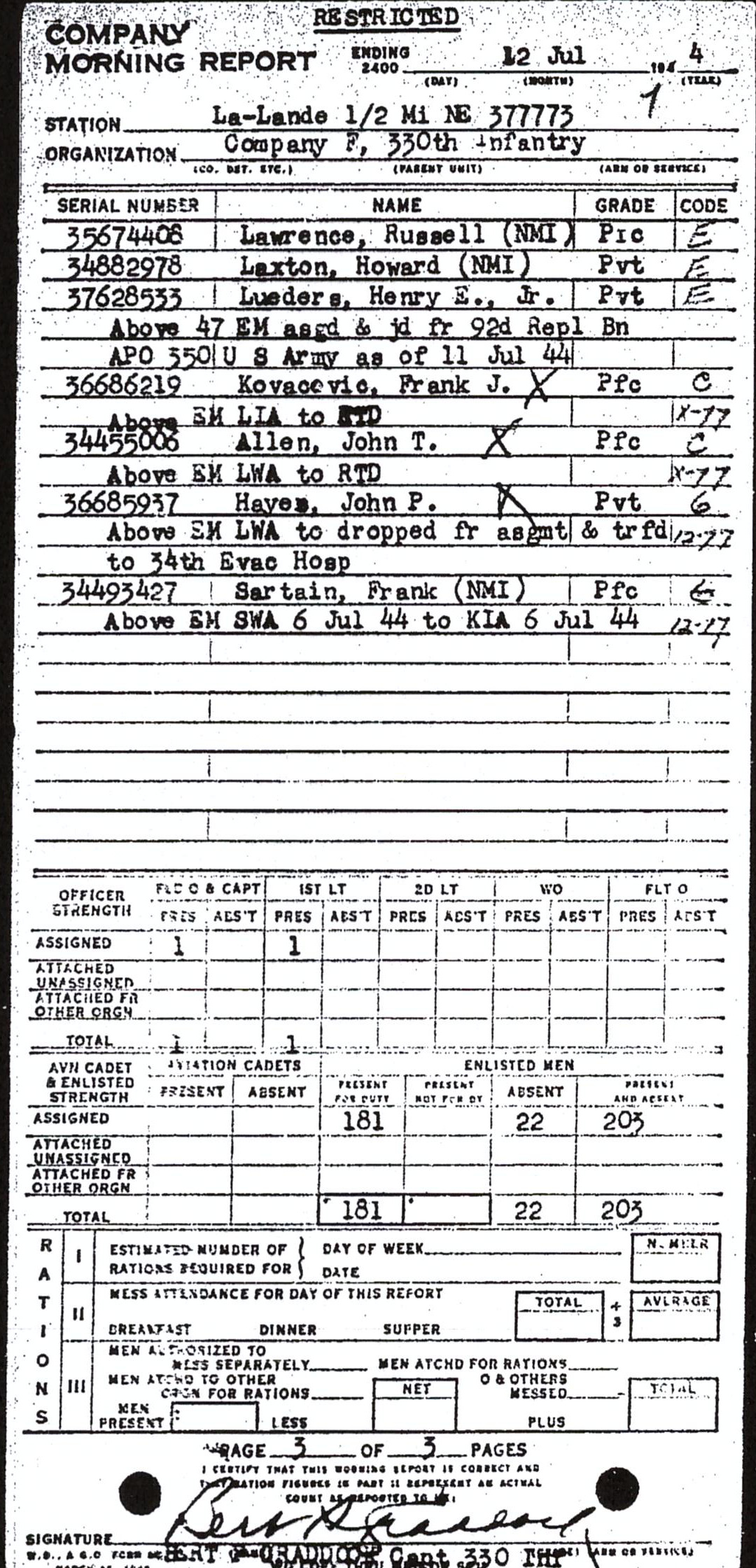 Morning report F Co, 1944-07-12, page 3 Morning report
