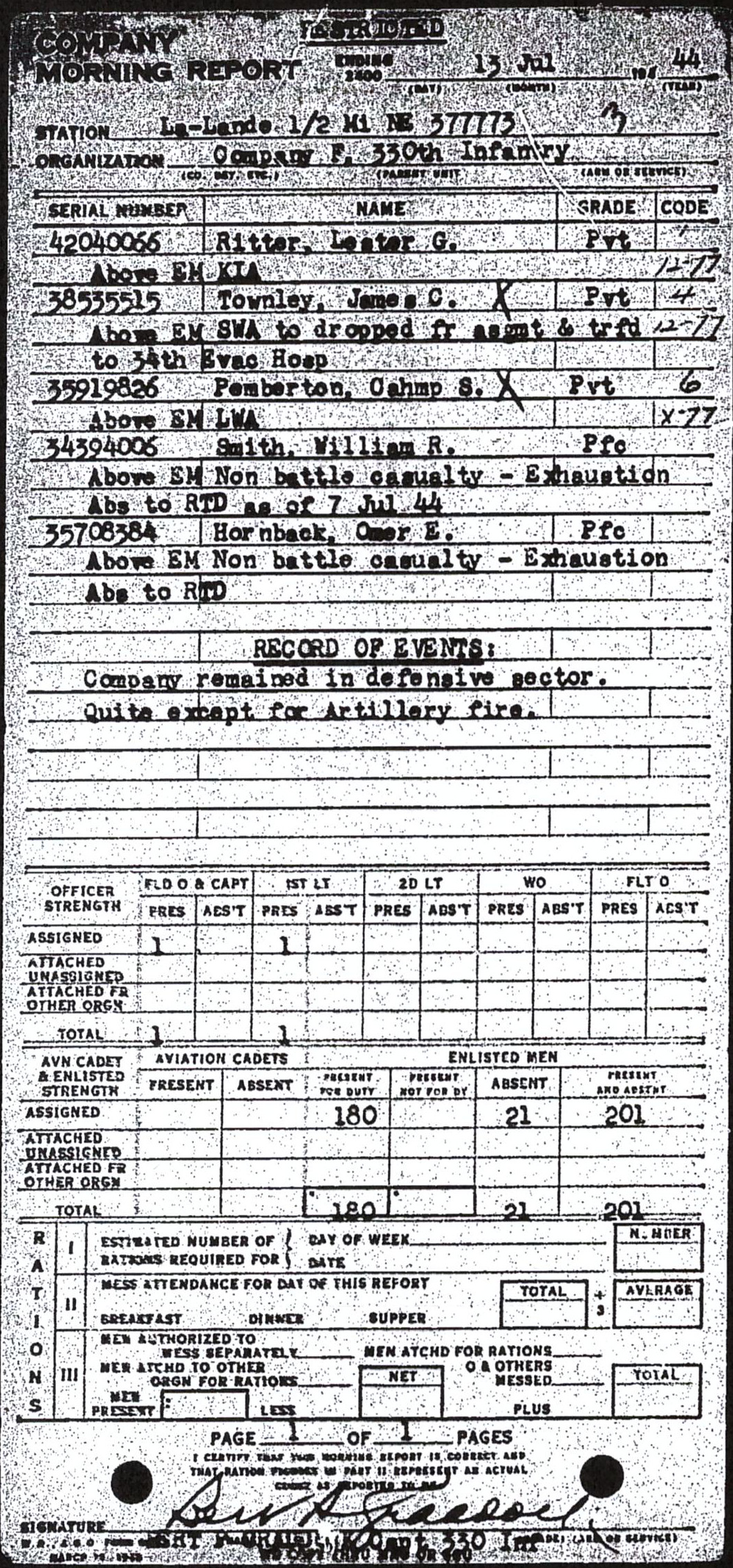 Morning report F Co, 1944-07-13, page 1 Morning report