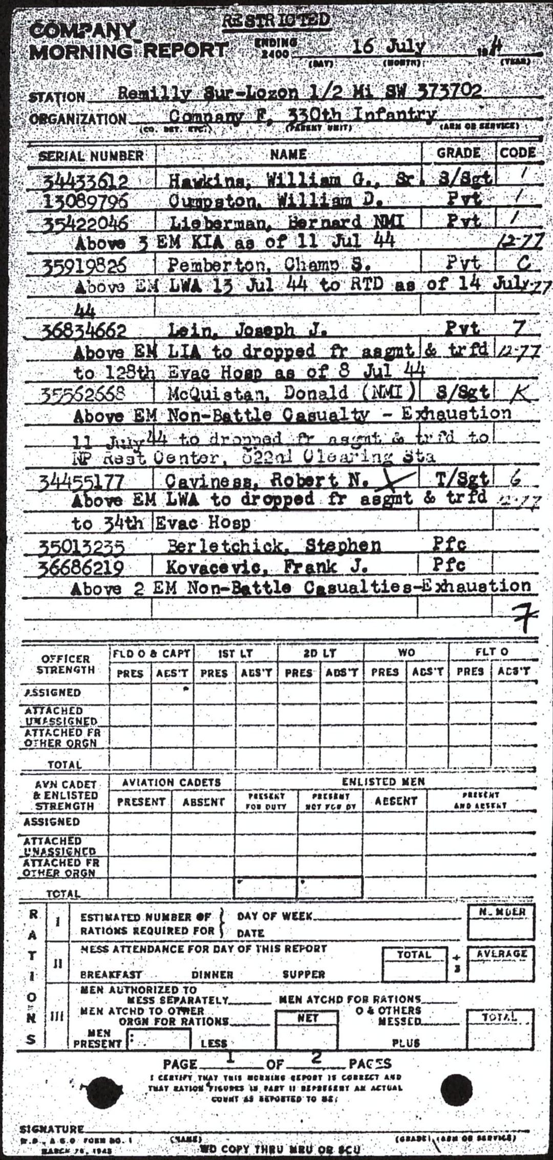 Morning report F Co, 1944-07-16, page 1 Morning report