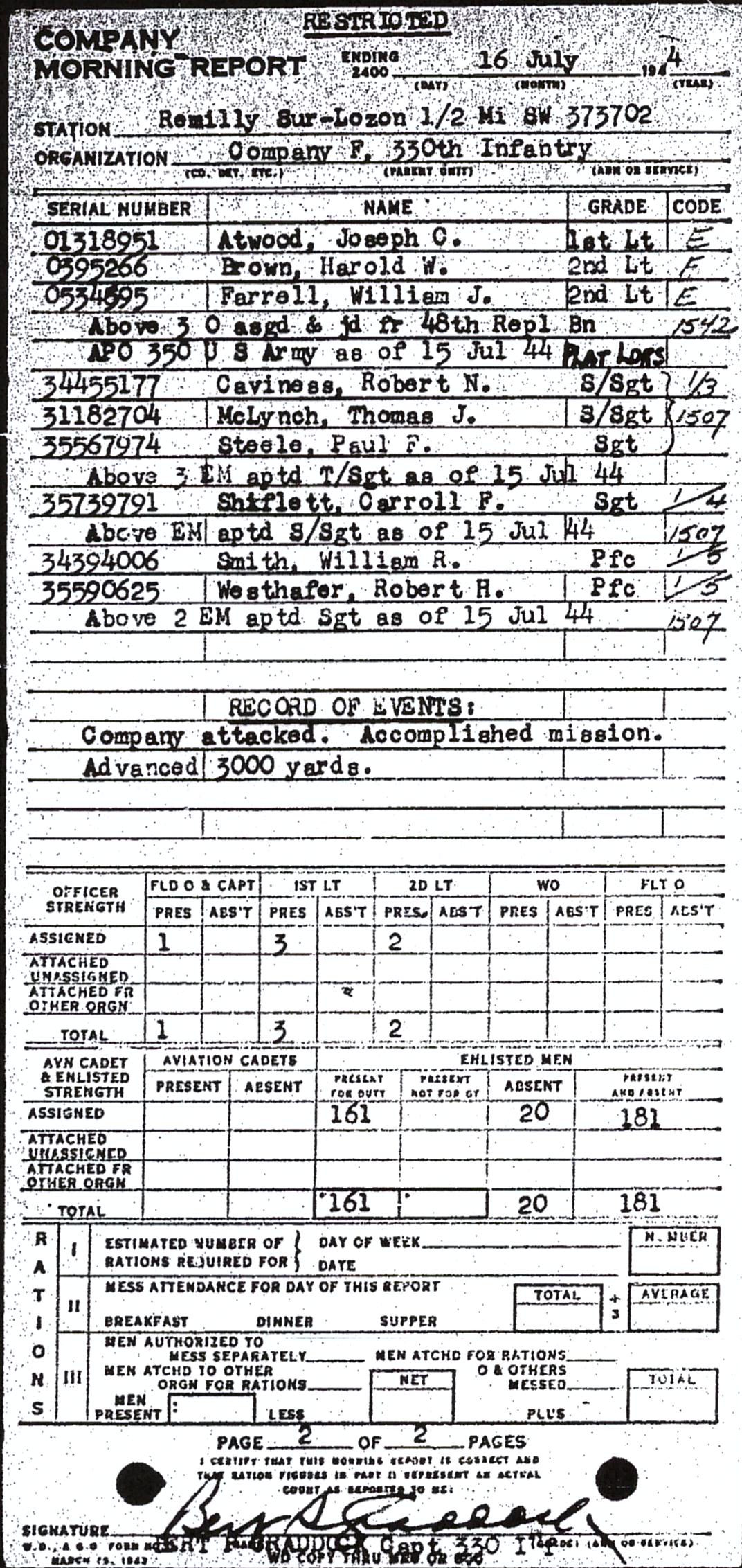 Morning report F Co, 1944-07-16, page 2 Morning report