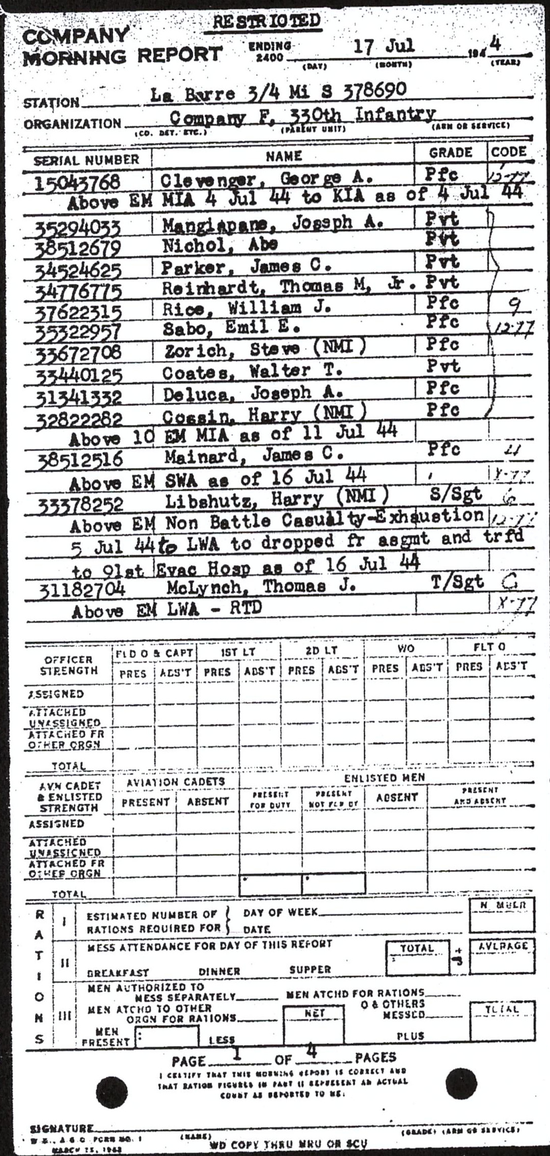 Morning report F Co, 1944-07-17, page 1 Morning report