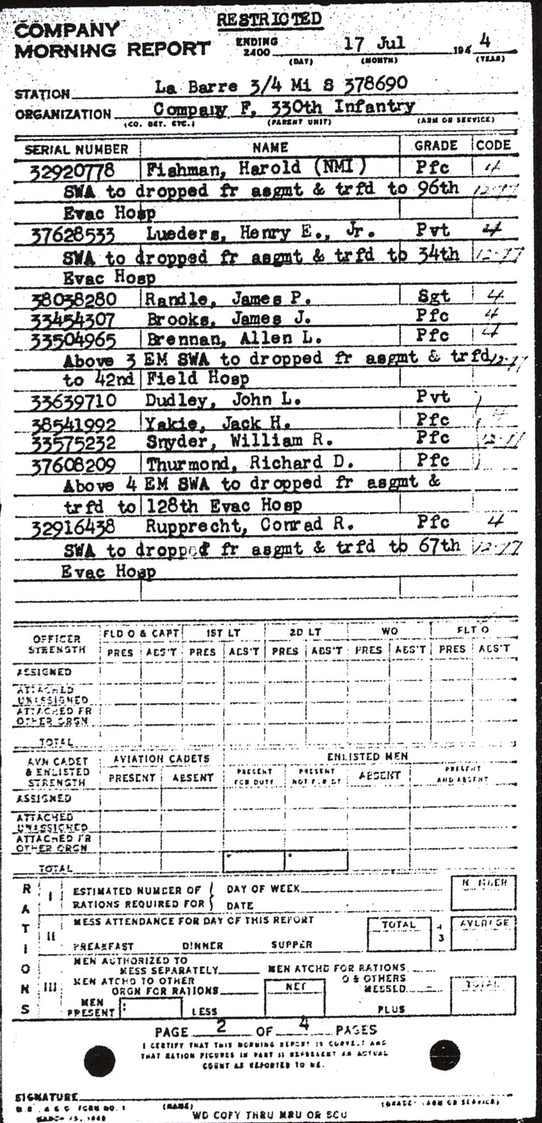 Morning report F Co, 1944-07-17, page 2 Morning report