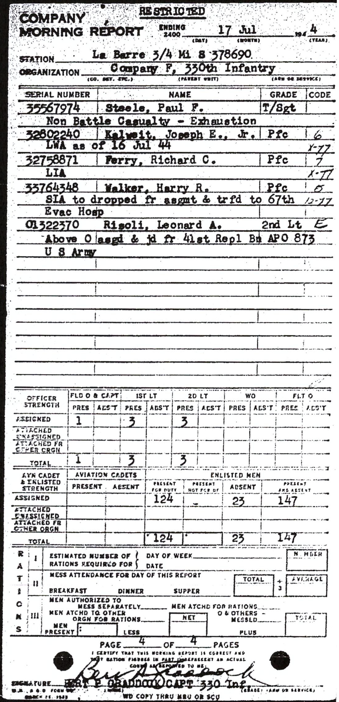 Morning report F Co, 1944-07-17, page 4 Morning report